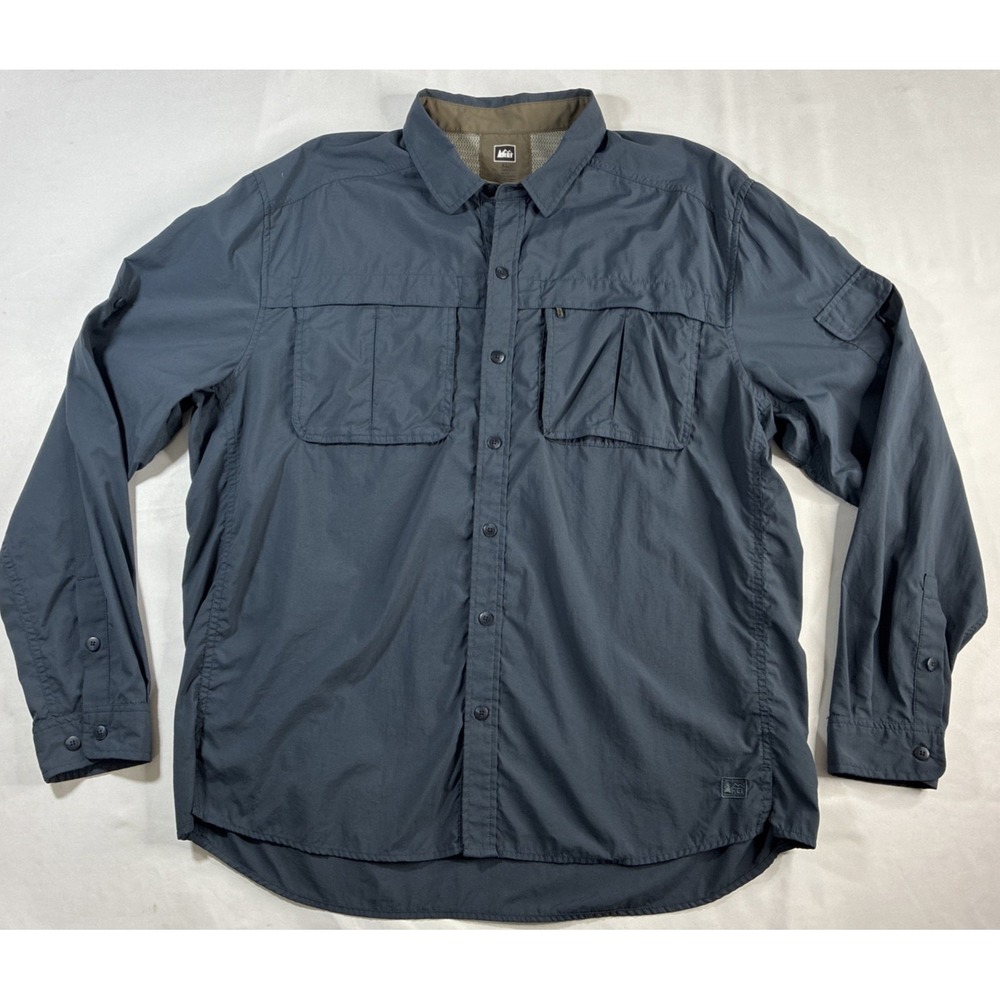 REI Co-Op Mens Sahara Hiking Shirt XL Vented Breathable Blue Gray Long Sleeve